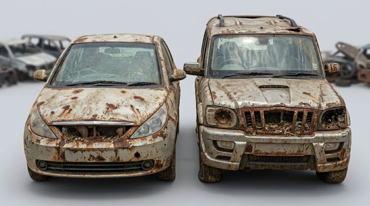 End-of-life hatchback and SUV awaiting scrappage