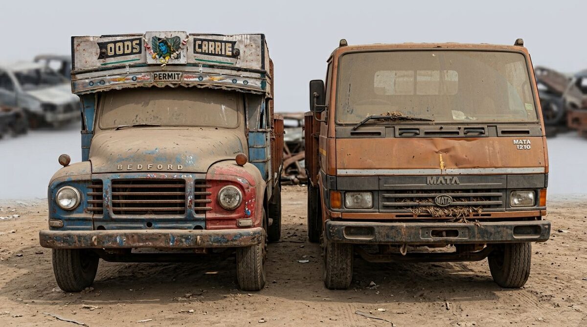 End-of-life commercial trucks awaiting scrappage